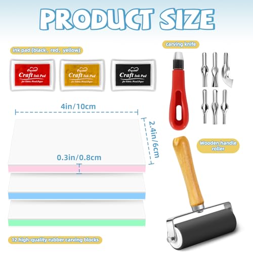 17 Pack Linoleum Block Stamp Making Kit, 12pcs 4"x2.4" Rubber Carving Blocks, 3 Ink Pads, Brayer Roller & 6 Type Blades Carving Tools for DIY Stamp Making for Beginners (Blue/Pink/Green, Peelable) - color: 12pack, size: 4"x2.4"