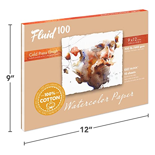 Fluid 100 Artist Watercolor Block, 300 lb (640 GSM) 100% Cotton Cold Press Pad for Watercolor Painting and Wet Media w/Easy Block Binding, 9 x 12 inches, 10 Sheets - size: 9 x 12 (300 lb)
