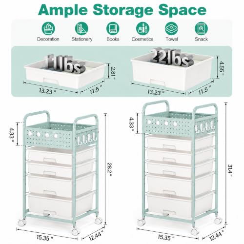 5 Drawer Rolling Storage Cart with Pegboard Top and Hooks, Green - color: Green, size: 5-Drawers