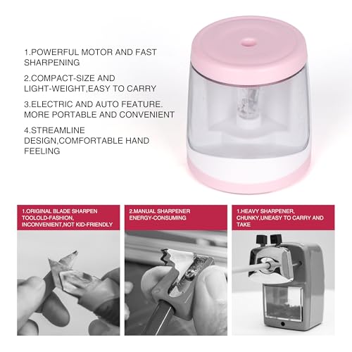 Electric Pencil Sharpener Powered by Battery Powerful Stall-Free Motor,Compact Manual Pencil Sharpener for Kids, High Capacity Shavings Tray,Affordable Gift, for Pencils (6-8mm)