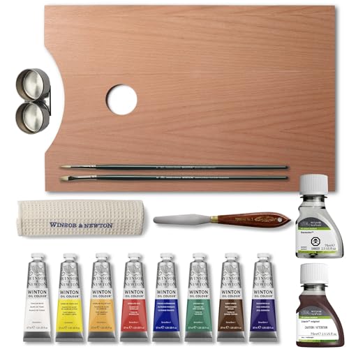 Winsor & Newton Winton Oil Colour, Wooden Paint Set 8 x 37ml Tubes (includes Liquin, Sansodor, 2 Brushes, Knife, Cloth, Godet)