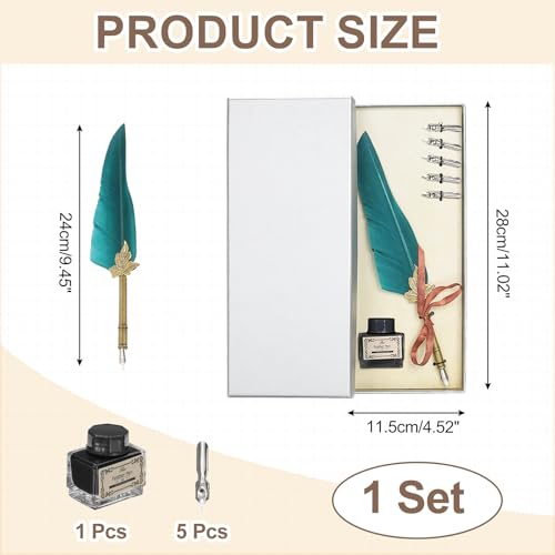 PATIKIL Feather Quill Pen Set, 1 Set Vintage Feather Calligraphy Pen Fountain Dip Pen Set with Ink, Pen Holder and Replacement Nibs for Beginner Writer Writing Gift, Dark Green(Silver Box) - color: Dark Green