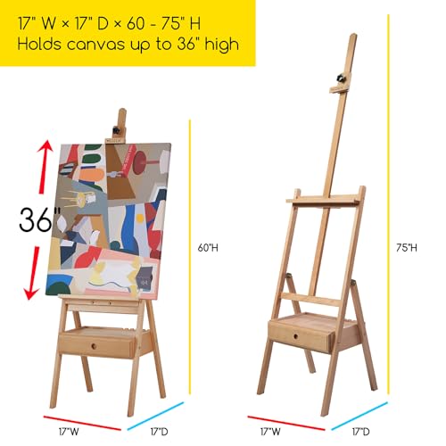 MEEDEN Painting Easel with Storage Drawer, Studio H-Frame Easel- Adjustable (60"~75") Solid Beech Wood Easel Stand for Painting for Adults, Holds Canvas Art up to 35",Natural - color: Natural