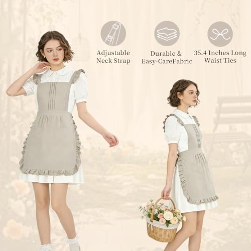 Vintage Ruffle Apron for Women, Cute Kitchen Apron for Cook - color: Beige
