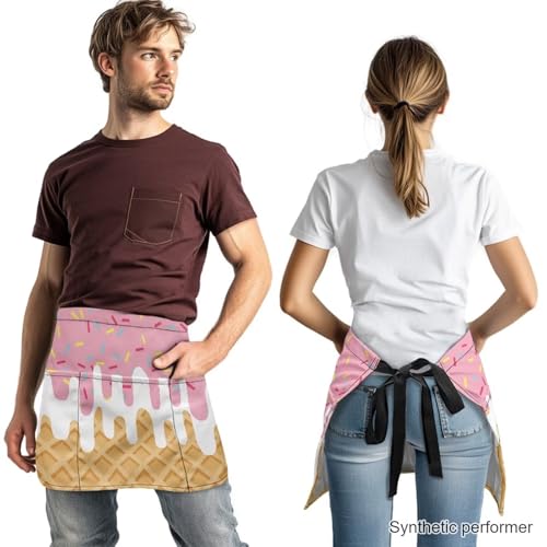 Waist Apron with 3 Pockets Waterproof 13 Inch Short Half Waist Aprons Women Men Server Aprons Waitress Waiter Apron - color: Ice Cream