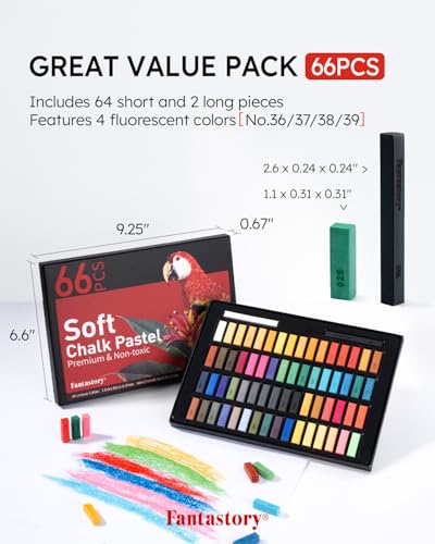 Fantastory 66 Colors Short Soft Chalk Pastels Set | Includes 4 Fluorescent Colors, Non-Toxic, Great for Artists, Beginners, Drawing, Blending, Layering, Christmas Art Supplies
