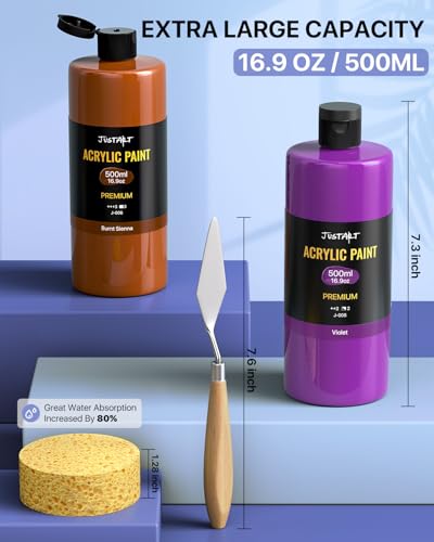 JusArt Beginner Acrylic Paint Set, 8 Colors (16.9oz/500ml Each) Bulk Large Bottles Artist Primary Paints for Canvas, Walls, Ceramics, Rocks, Eggs, Glass, Crafts - color: 8 Colors (16.9oz)
