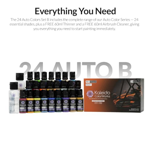Gaahleri Kaleido Water-Based Acrylic Airbrush Paint Kit 24 Auto Color Set B | Pre-Thinned, High Gloss, Fast-Drying, with Thinner & Cleaner - color: 24 Auto Colors Set B
