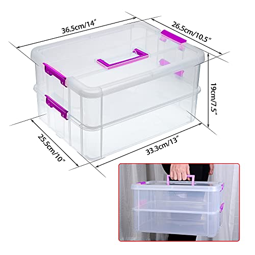 JUXYES 2-Tiers Plastic Stack Carry Storage Containers Box wih Handle Lids - color: Purple