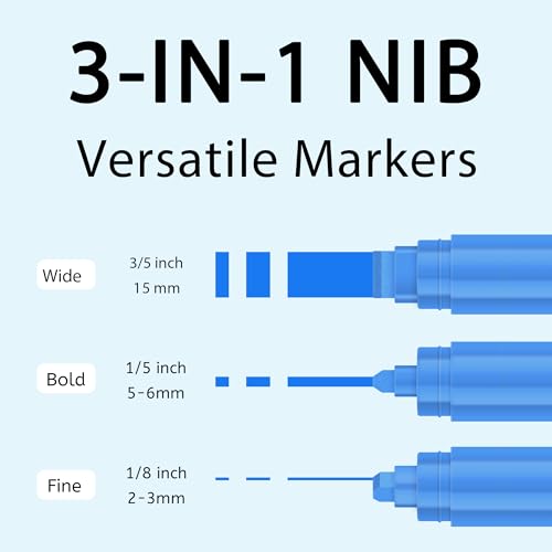 BIGTHUMB 3 Pcs Blue Jumbo Permanent Markers: 15mm Wide Tip Thick Acrylic Paint Pen Large Calligraphy Marker for Rock Painting, Poster, Sign, Canvas, Glass, Wood, Ceramic - color: Blue