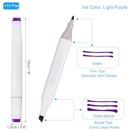 PATIKIL Dual Tip Alcohol Art Markers, 12 Pcs White Barrel Alcohol Markers with Brush Tip and Fine Tip for Illustration Artist Adult Coloring Drawing Permanent Sketching, Light Purple - color: Light Purple