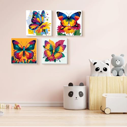 TOSTOG 4 Pack Paint by Number for Kids with Wooden Frame, Butterfly Paint by Numbers for Kids Ages 8-12, Butterfly Acrylic Oil Painting Kits Easy Paint by Number for Home Wall Decor 8in X 8in - color: Butterfly