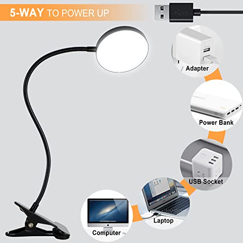 LiFMIRA Clip on Lamp, 8W 66 LED Bed Light for Reading, 5 Color Modes, 10 Brightness Levels, Eye Care, Flexible Gooseneck, Metal Clamp, USB Powered, Modern Design, Black | 5 Color Modes, 10 Brightness Levels, Eye Care Clip on Light, Flexible Gooseneck, Met