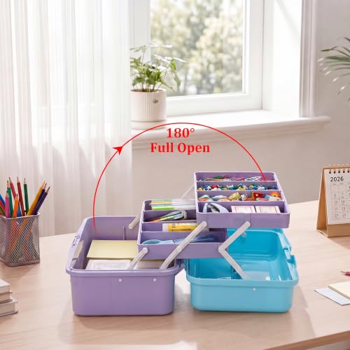BTSKY 3-Layer Plastic Dividing Storage Box Craft Organizer and Storage | Portable Handled Art Supply Organizer with Adjustable Spacers Multipurpose Home Utility Box for Medicine Sewing(Blue+Purple) - color: Blue+Purple