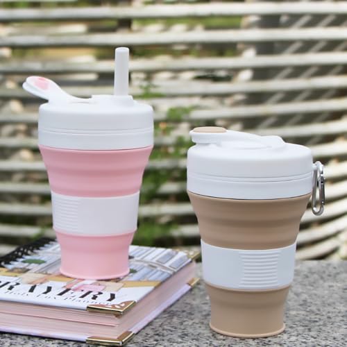 Silicone Coffee Cup with Straw lid Collapsible Cups for Traveling 20oz Lightweight Folding Water Mug for Picnic Hicking Camping Climbing - color: Pink