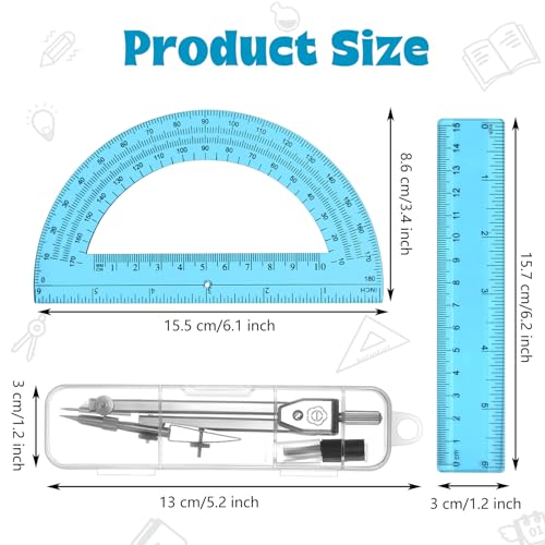 Zonon 3 Pcs 6" Clear Plastic Ruler 6 Inch Protractor Compass Set, Blue - color: Blue, size: 6 Inch
