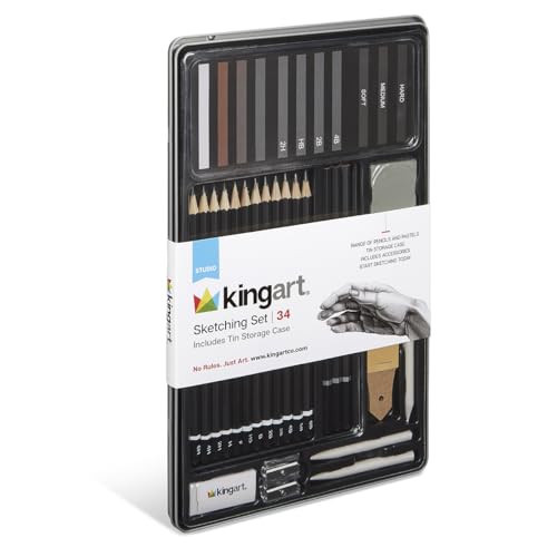 KINGART® Studio Sketching Set, 34 Piece Sketching Tools and Detailing Accessories, Art Supplies for Professional, Student, and Hobbyist Drawing