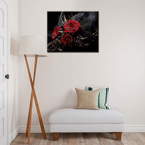 Tucocoo Exquisite Red Roses Paint by Numbers for Adults and Beginner Black Gold Color DIY Painting by Number for Adults and Beginner with Brushes and Acrylic Pigment Dark Style with Frame 16x20inch - color: Artwork-03, size: 16''x20''(DIY Frame)