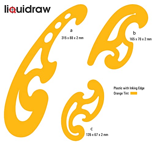 Liquidraw French Curve Rulers, Drawing Stencil, Set of 3, Orange Plastic | Inking Edge, Rounded Corners for Easy Measuring and Drawing Curved Lines, Technical Drafting and Dressmaking Tool