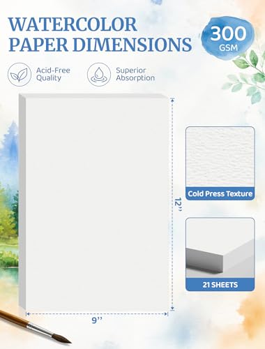 21 Sheets Watercolor Paper 9x12, 140 LB Cold Press Watercolor Paper Pad | 300 GSM Water Color Paper 9x12, Art Supplies for Kids Adults, Watercolor Pad for Painting, Sketching, Acrylic, Gouache - color: 21 Sheets, size: 9 x 12 IN