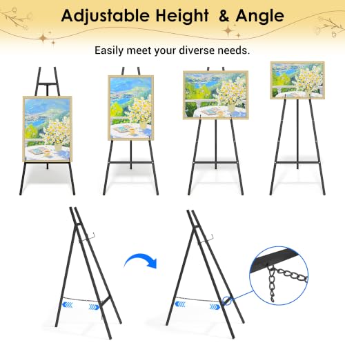 47" Black Easel Stand for Sign, Large Heavy Duty Metal Display, 4-Tier | Sturdy Art Easel with Adjustable Chain & Non-Slip Feet for Wedding, Painting, Party, Posters, Commercial, Foldable - color: Black