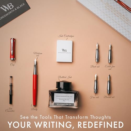 Wordsworth & Black Luxury Fountain Pen Set for Writing, 6 Nibs, Red | Fountain Ink Bottle, Cartridges & Refill Converter, Refillable, Red, High End Gift for Men & Women, Journaling & Lettering - color: Red Chrome