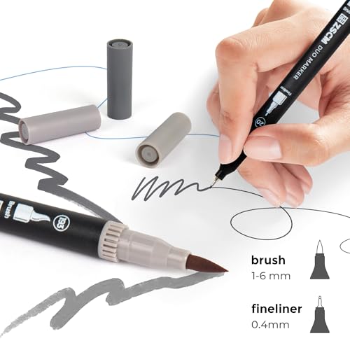 Gray Duo Tip Marker Pens, 12 Fine & Brush Tip Pen For Adult Coloring Books - color: 12 Gray