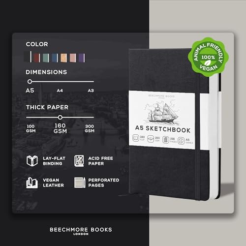 Beechmore Books A5 5.8x8.3 Mixed Media Sketchbook 160 GSM/98LB, Gift Box - color: Charcoal Black, size: A5 - 5.8" x 8.3" Medium