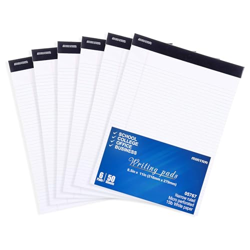 Mintra Office White Legal Pads – Ruled Notepads and Micro-Perforated Sheets, Ideal for Writing, Note-Taking & Creativity, Office, or Professional Use, Basic Pad 6 pack, 8.5"x11" (Narrow Ruled) - color: White - Basic Pad, size: Narrow
