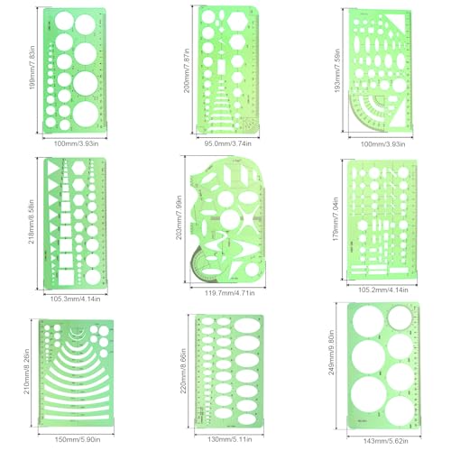 9 Piece Geometric Drawing Template Measuring Ruler Geometric Measuring Tools Transparent Green Plastic Ruler for Studying, Designing and Building