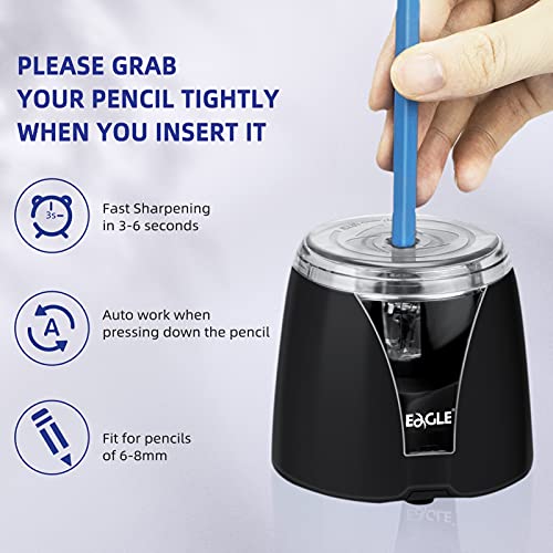 Eagle Electric Pencil Sharpener, Battery Powered, Large Shaving Holders, Carbon Steel Blades, Portable, Reusable and Replaceable Blade, Suitable for Kids, Home, School and Office use,Black - color: Black