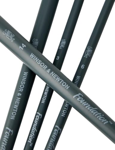 Winsor & Newton Foundation Acrylic Brush Set, LH, 6 Pack | White, Synthetic, Ideal for Use with Acrylic Paint, Introductory Selection of Brushes for Students, Hobbyists, Beginners - size: Round 3 & 6, Filbert 3 & 6, Flat 10 & 14, style: Long Handle