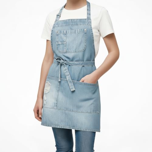 Denim Apron With 5 Pockets for Kitchens,Hairstylist Aprons for Women Men,Adjustable Bib Jean Apron for Arts Cafe Work - color: Light Blue, style: Apron