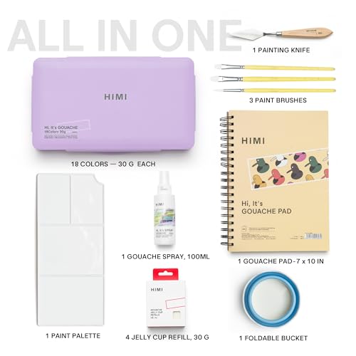 HIMI Deluxe 18 Colors Jelly Gouache Paint Gift Set – Complete Art Kit with Pad, Spray, Palette, Brushes, Painting Knife, Foldable Bucket & Refills for Beginners, Students & Artists (Purple) - color: 18 colors