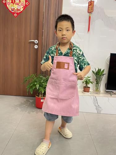 Canvas Aprons for Kids, Childrens Aprons with 4 Pockets and Card Slot Pocket for Painting Crafting Kitchen - color: Pink
