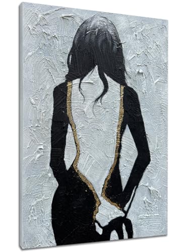 zoinart Hand Painted Black and White Wall Art, 28x40 Inches, Abstract Girl Painting, Vertical Black and White Wall Decor, Textured Art - color: BL-057