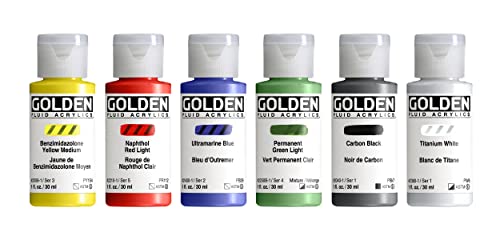 GOLDEN Fluid Acrylics Intro Set, 6 x 1 fl. oz. Bottles | Experience the flowing consistency of richly pigmented Fluid acrylics with this balanced selection of artist grade colors. - color: Multi, size: 6 Fl Oz (Pack of 1)
