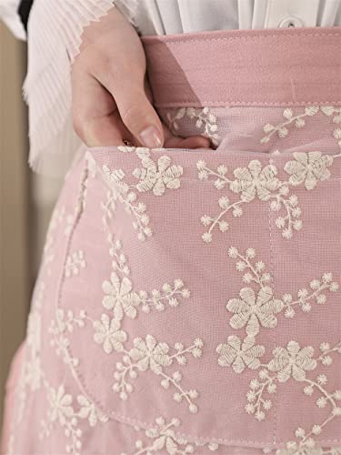 Unisex Chef Aprons White Retro Cotton Maid Short 2 Pockets Waist Waiter Waitress Half Apron - color: Pink-embroidered