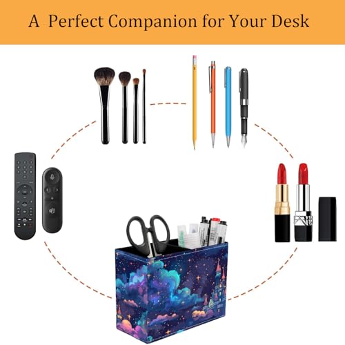 Pen Holder for Desk, PU Leather Multifunctional Desktop Storage Box and Anti-Slip Mouse Pad Set, Makeup Brush Holder Pen Organizer for Office and Home - Astral Cloud Castle - color: Astral Cloud Castle