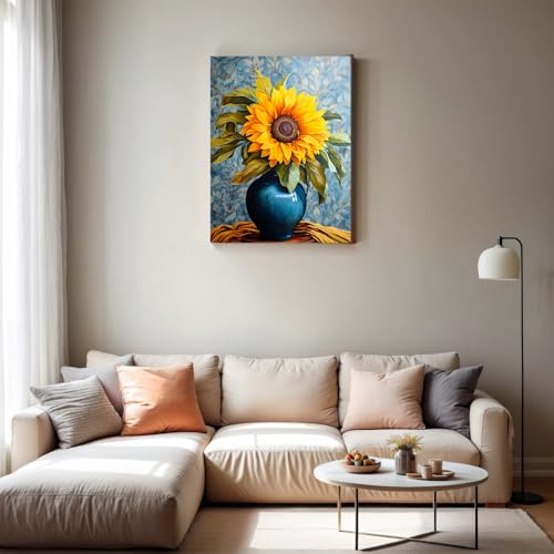 PINFFSHU 5D Diamond Art Kits for Adults Beginners, Full Drill Sunflower in Blue Vase Diamond Painting Kits DIY Gem Art Craft, Home Wall Decor, Unique Gift for Women, 12x16 Inch (30x40cm) - color: Yellow, Orange, Dark Brown, Green, Deep Blue