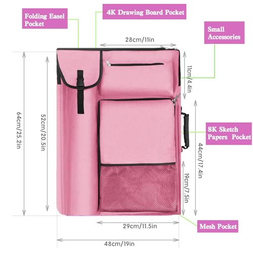 TreochtFUN Art Bags for Supplies Portfolio Case 19 X 25.5 in Large | for Storage A2 Canvas Board A3 Sketchbook - Carrying Artwork with Backpack & Tote-handle - color: Neon Pink