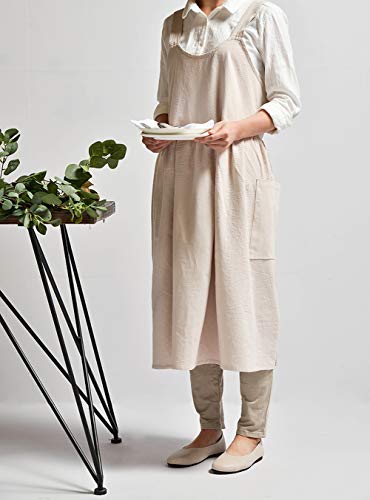 Japanese Cotton Cross Back Pinafore Apron for Women with Pockets Beige | NEWGEM, Criss-Cross, NO Ties, Cotton Linen, Apron Dress, Farm Work Apron for Kitchen Cooking, Baking, Gardening, Painting - color: 08 - Beige Without Waist Ties