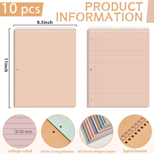 10 Packs 8.5 x 11 inch Top Spiral Notebook with 3 Hole Punched Legal Pads 40 Sheets College Ruled Notepad Hard Cardboard Paper Wirebound Pads for Business School Office Home Supplies (Soft Neutral) - color: Soft Neutral