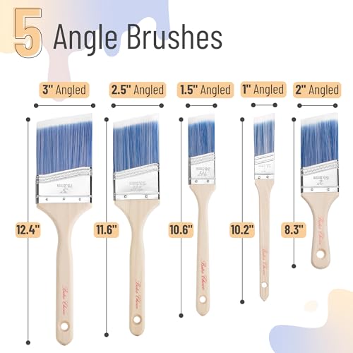 Bates- Angle Paint Brushes for Walls and Trim, 5 pcs, 1"/1.5"/2"/2.5"/3", Treated Wood Handle, Angled Paint Brushes for Trim, Stainless Steel Ferrule - color: Wood Handle Angle, size: 5 Pack, 1", 1.5", 2", 2.5", 3"