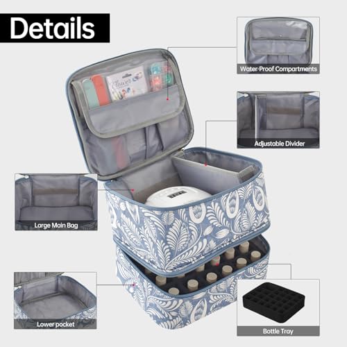 Buruis 2 Layer Nail Polish Bag, Nail Supplies Organizer, Light Blue Leaf | Dual Zippers, Adjustable Divider, Nail Dryer Storage, Fits 25 Bottles (15ML), Nail Tools Bag, Portable Manicure Case - color: Light Blue Leaf