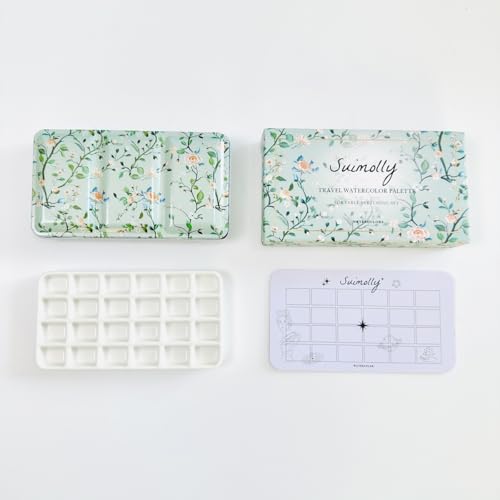 Watercolor Palette,Travel Watercolor Palette Portable Ceramic Palette,Empty Paint Palette,Small Travel Metal Paint Boxwith Porcelain Palette (24Well) - color: Green