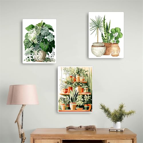 Jiqinsiye 3 Pcs DIY Plant Paint by Numbers for Adults,Wooden Framed Painting by Number Kits on Canvas,Acrylic Color by Numbers for Adult Beginner,Gifts Decor for Home Wall Room (Green Plant) - color: green plant