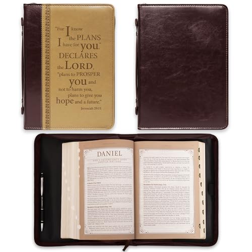 Christian Art Gifts Faux Leather Bible Cover: I Know The Plans, Brown & Tan | Medium, Bible Verse, Book Cover, Case, Zipper, Pocket Storage, Pen Loops, Bible Study Supplies, Encouragement Gifts for Men - size: Medium
