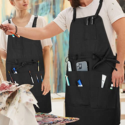 MyLifeUNIT Artist Apron, Adjustable Painting Apron with 10 Pockets for Arts and Craft, Black Canvas Pottery Apron for Women Men (Shoulder Straps Apron)