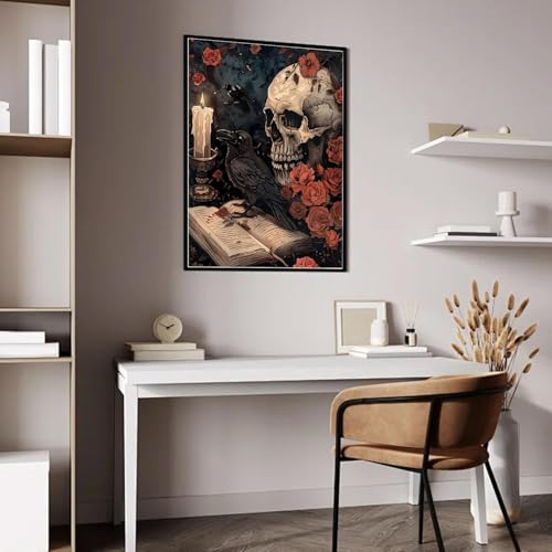 ZeeLionArt Diamond Art Kit, Gothic Skull Crow Halloween, 16 x 12 Inch | 5D DIY Halloween Full Square Drill Diamond Painting Kit for Adults & Beginners, Home Wall Decor Craft Gift - color: DP04189